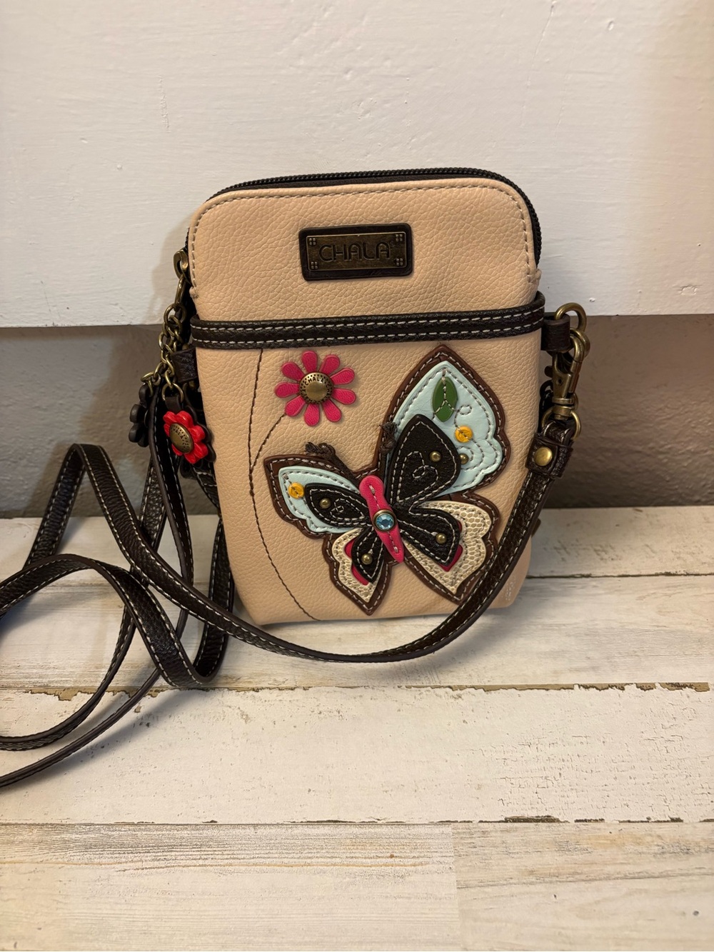 Chala Beige Crossbody Bag with Colorful Butterfly Applique